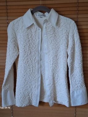 RARE Anne Fontaine Cream Crinkle-Texture Button-Down Shirt XS
